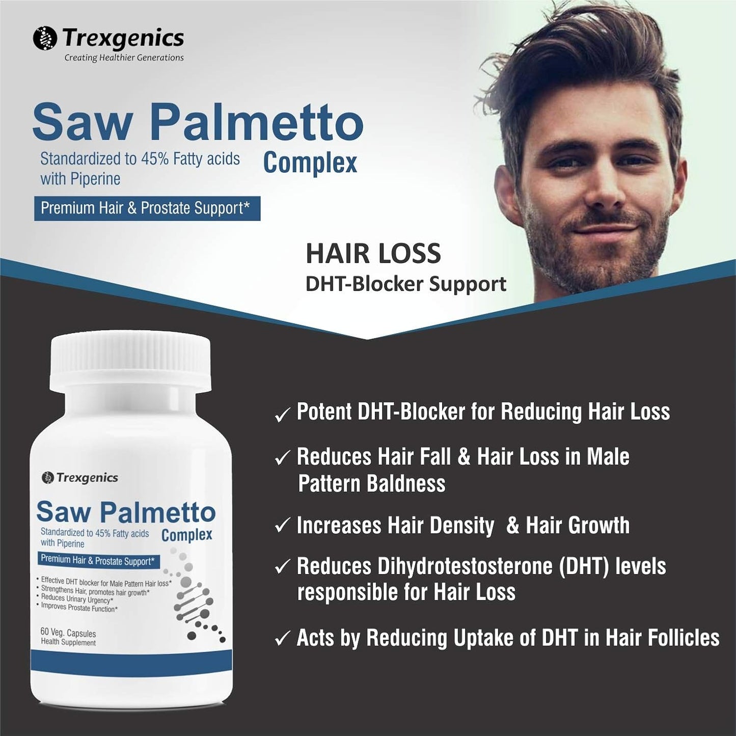 Advertisement for Saw Palmetto Complex with a man's face and product packaging.