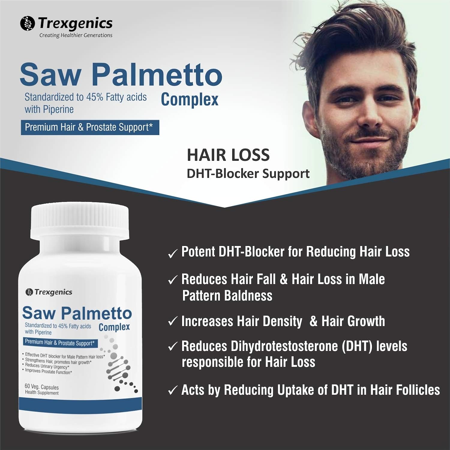 Advertisement for Saw Palmetto Complex with a man's face and product packaging.