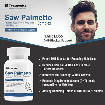 Advertisement for Saw Palmetto Complex with a man's face and product packaging.