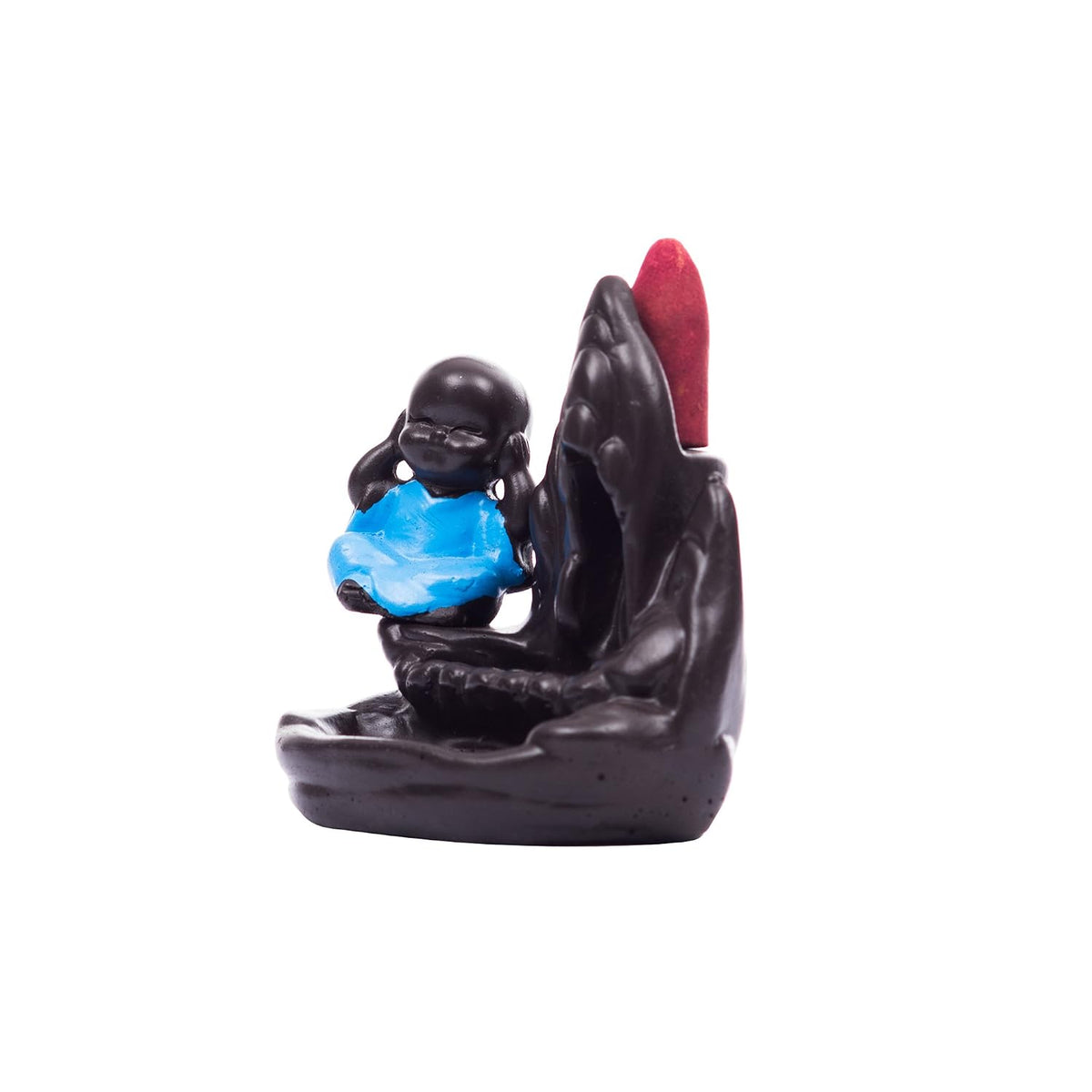 eCraftIndia Meditating Monk Buddha Smoke Fountain with 10 Backflow Cone Decorative Incense Holder, Brown, Blue
