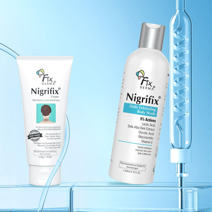 Fixderma Nigrifix Cream + 5% Actives Exfoliating Bodywash Combo | Cream for Underarm Whitening, Dark Neck, Ankles, Knuckles & Elbows | Exfoliating Shower Gel for Women & Men | All Skin Type - 250ml