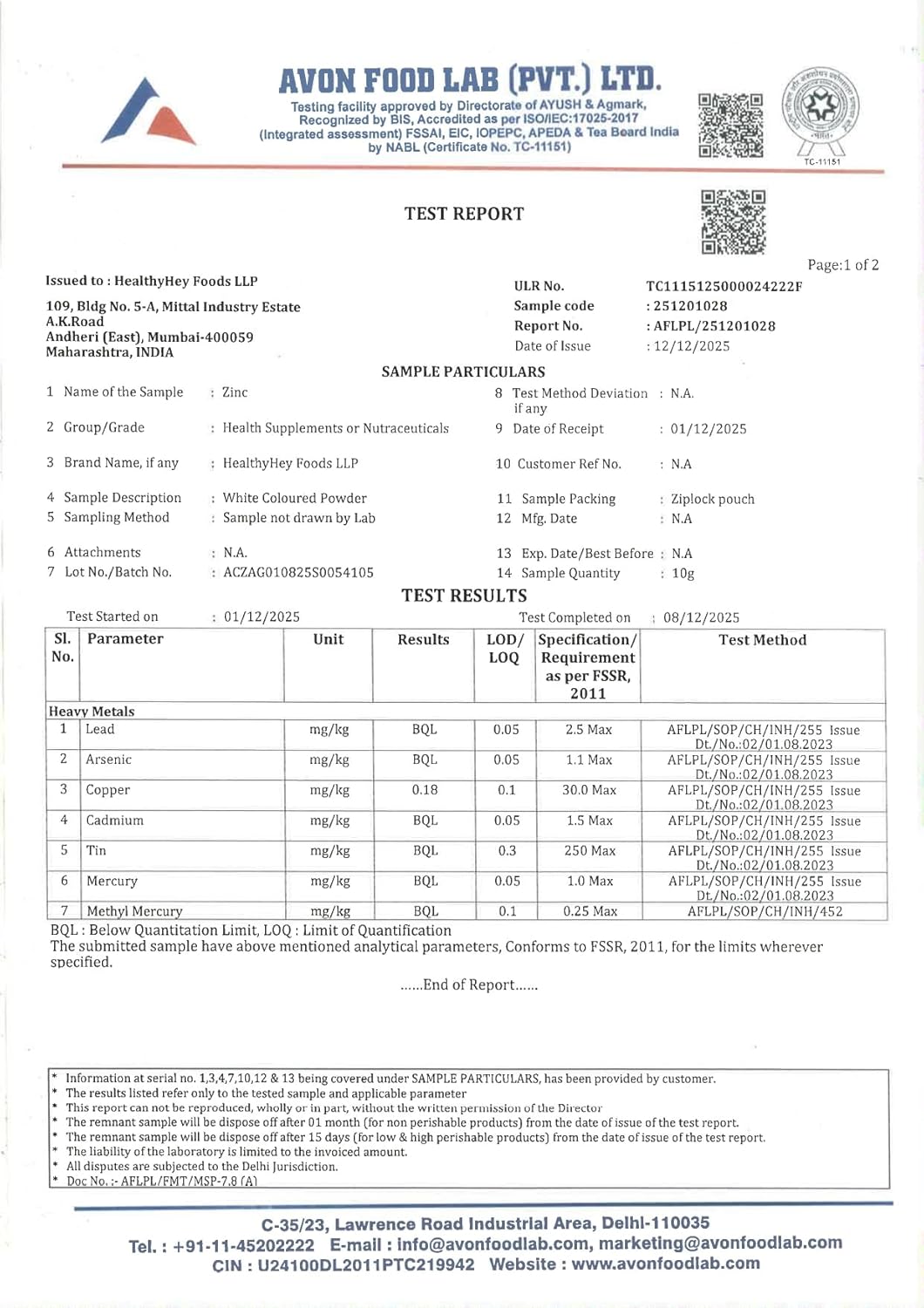 Avon Food Lab test report with various parameters and results.