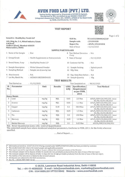 Avon Food Lab test report with various parameters and results.