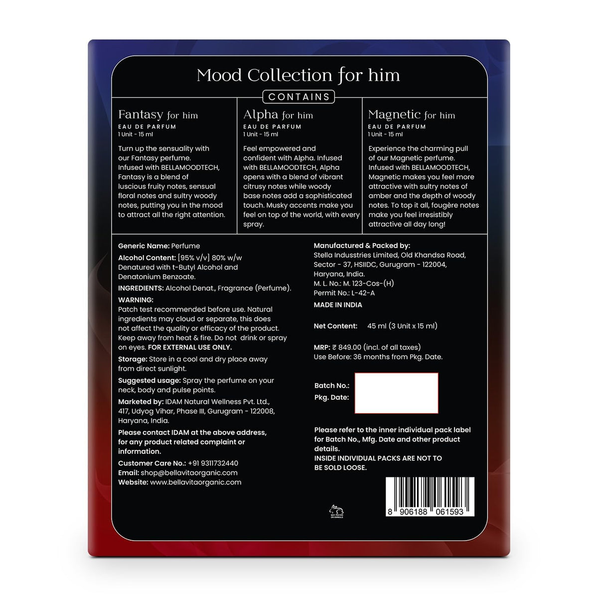 Back of a perfume packaging with product details and branding.