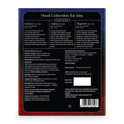 Back of a perfume packaging with product details and branding.