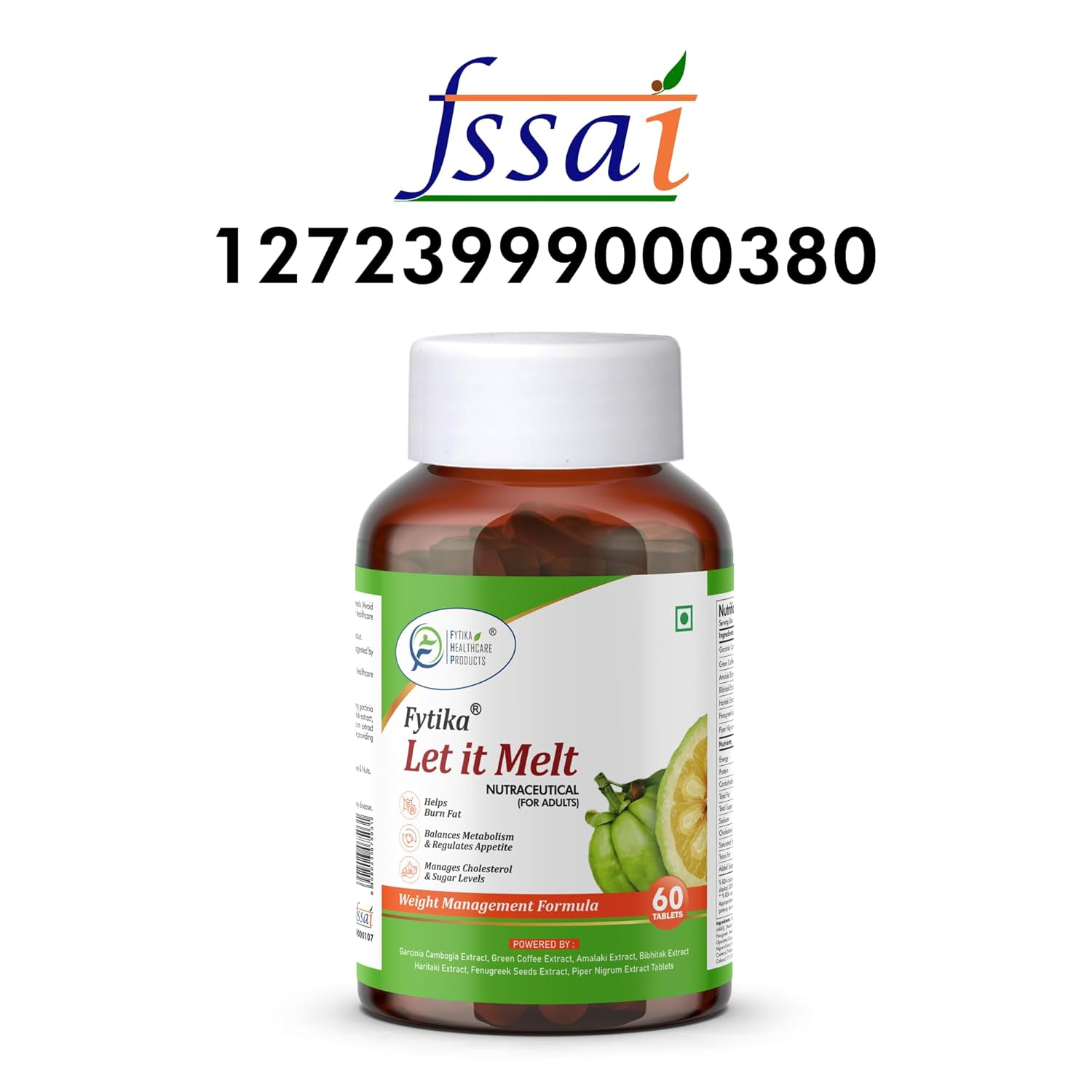 Bottle of Fytika 'Let it Melt' supplement with FSSAI logo and contact number on a white background