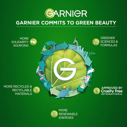 Garnier advertisement on green background with brand logo and sustainability initiatives.