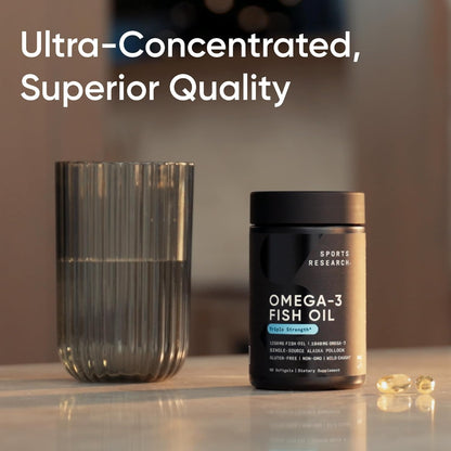Omega-3 fish oil supplement bottle with a glass on a reflective surface, text 'Ultra-Concentrated, Superior Quality'.