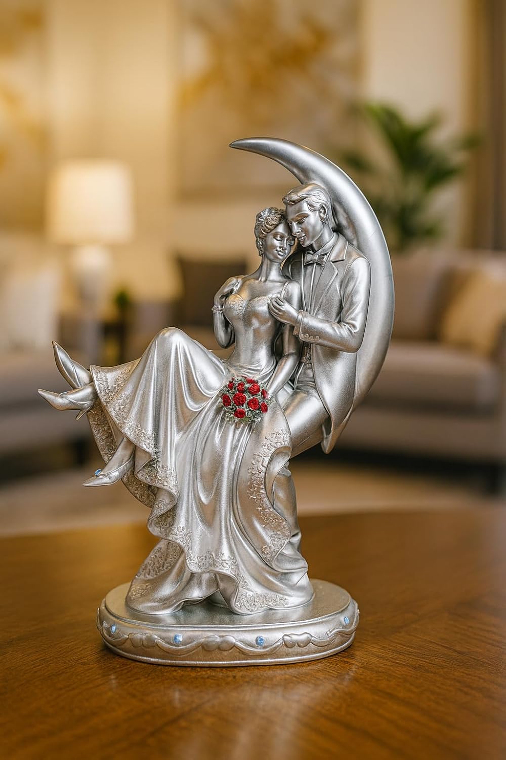 Romantic Loving Couple Showpiece for Valentines, Birthday, Wedding Gifts Decorative Showpiece - 20 cm (Polyresin, Silver)