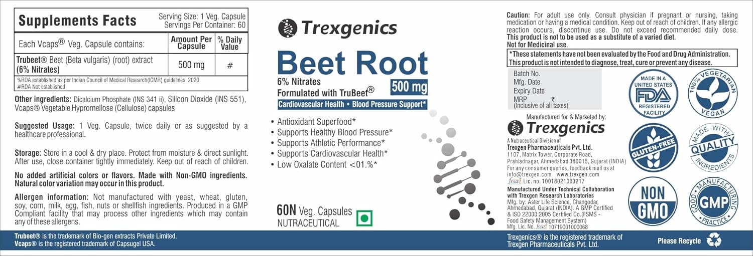 Trexgenics Beet Root supplement label with branding and certification logos.
