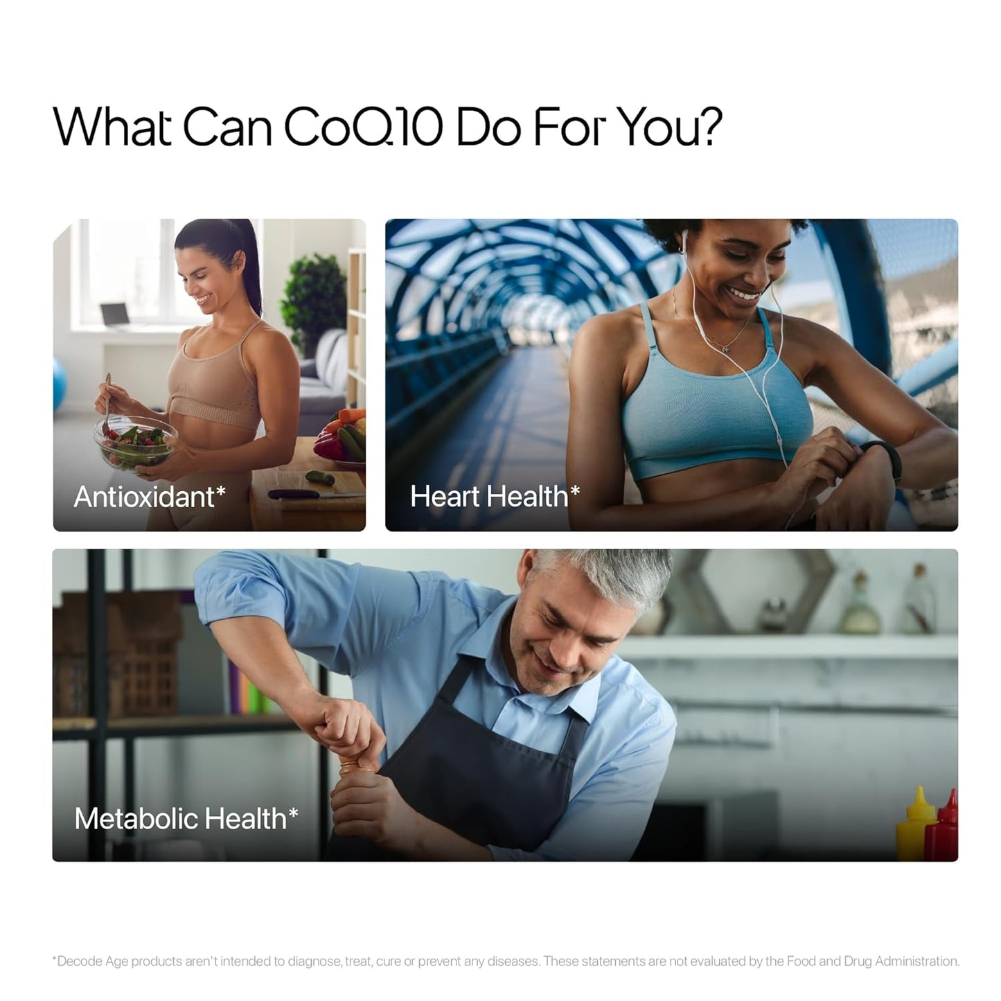 Promotional graphic about CoQ10 benefits with images of a woman eating, exercising, and a man helping an elderly person.