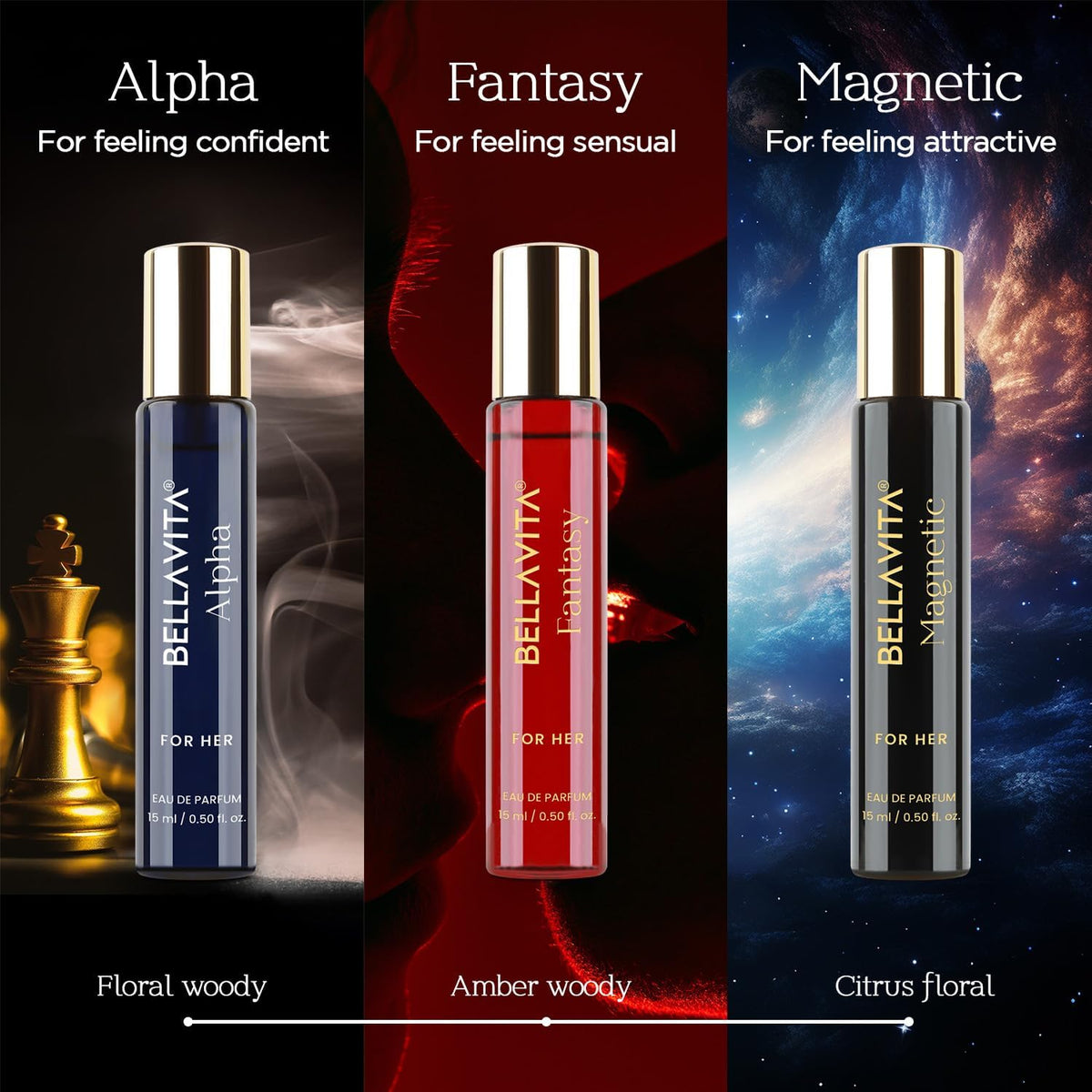 Three BellaVita perfume bottles labeled 'Alpha', 'Fantasy', and 'Magnetic' with descriptive text and background images.