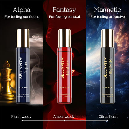 Three BellaVita perfume bottles labeled 'Alpha', 'Fantasy', and 'Magnetic' with descriptive text and background images.