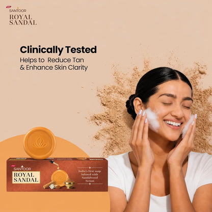 Santoor Royal Sandal Detan Pack | 3 Soaps (150g Each) | 100% Sandalwood Oil & Powder | 3-Step Natural Detan | Reduces tan, Improves complexion, Even Skin Tone & Glow