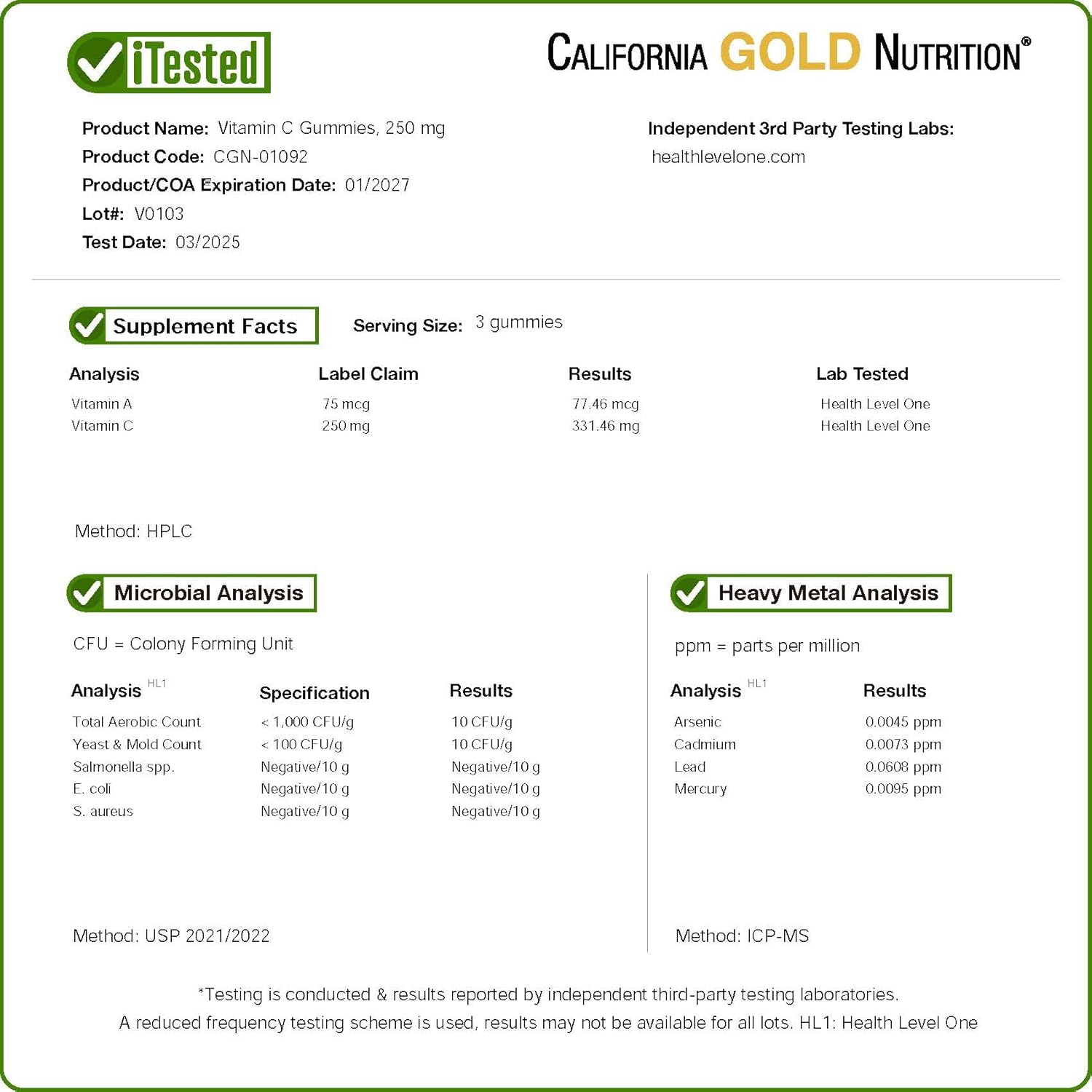 California Gold Nutrition supplement label with test results and product details.