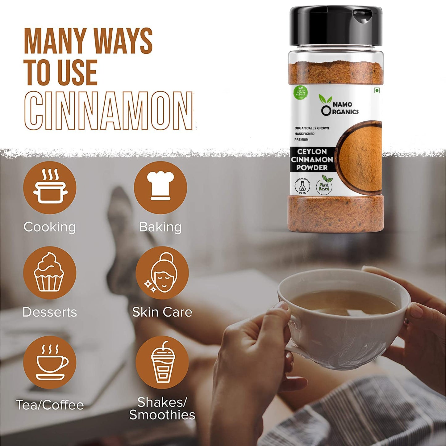 Namo Organics - Cinnamon Powder 100g | Dalchini Ceylon Cinnamon Power | 100% Pure & Natural | Dalchini Powder 100gm Indian Spices Aroma & Flavour