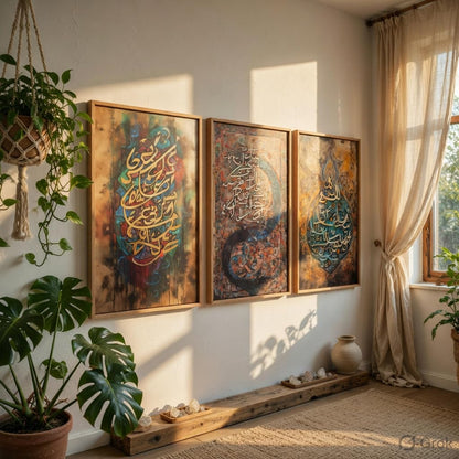 Islamic Calligraphy Wall Painting Set of 3 with Wooden Frames | Arabic Quranic Calligraphy Islamic Wall Art | HD Sparkle Printed MDF Wall Decor for Living Room, Bedroom & Prayer Room