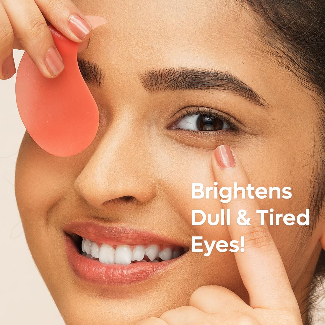 Person applying a product to their eye area with text 'Brightens Dull & Tired Eyes!'