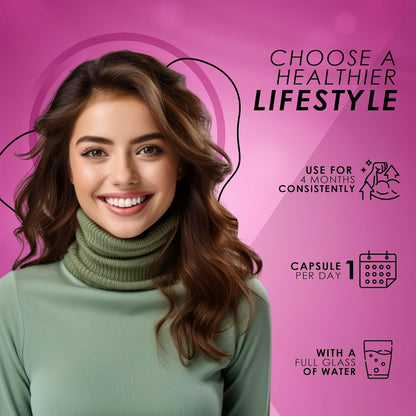 Woman in green turtleneck with promotional text on a pink background