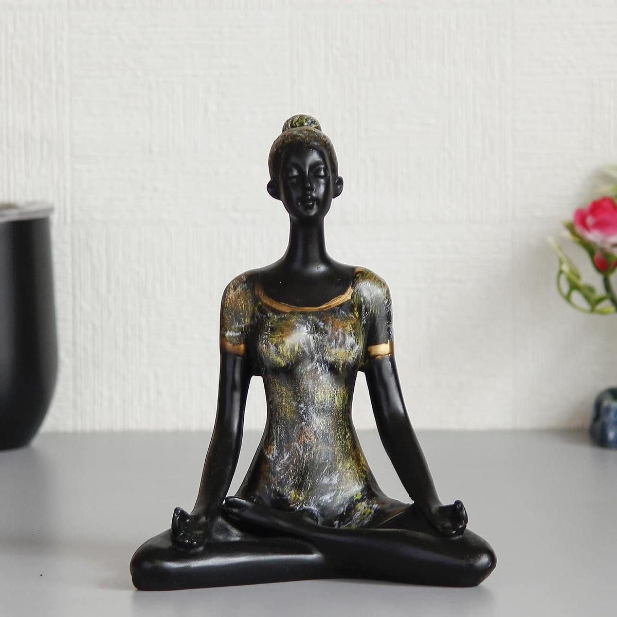 Grey Black Resin Woman in Sukhasana Easy Pose | Yoga Woman Statue Showpiece for Home Decor Living Room Bedroom Office Yoga Studio | Womens Day Gift for Ladies | Birthday Gift for Women