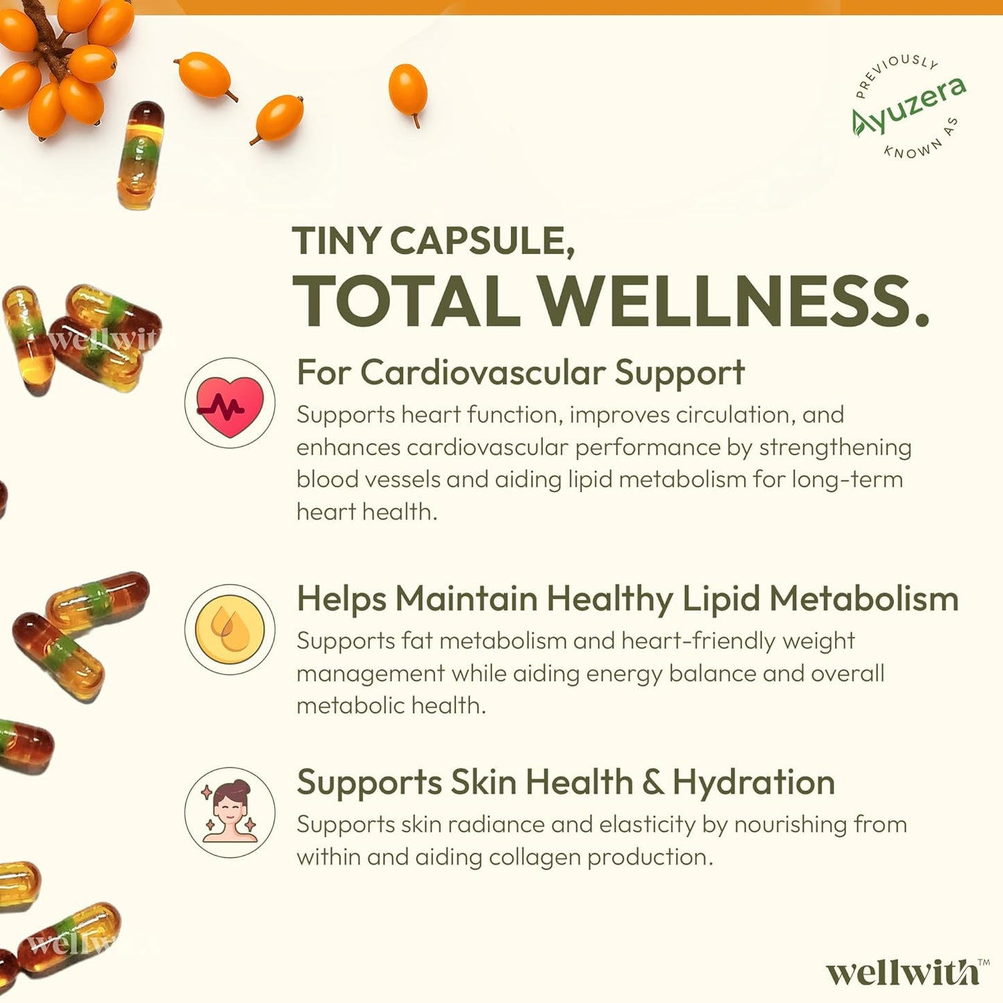 Wellwith by Ayuzera Sea Buckthorn Berry Oil Omega 7 500mg, 30 Veg HPMC Capsules, 15-Day Supply| Sea buckthorn Capsules rich In Omega 3, 6 & 9 help to keep the skin healthy| Dietary Supplements, 500mg Each
