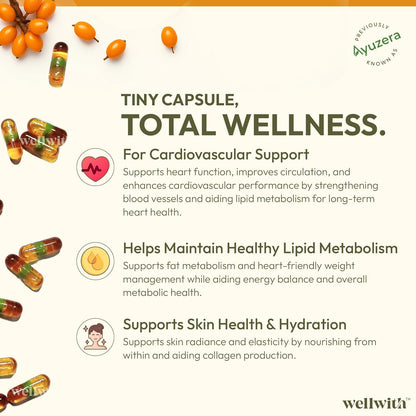 Wellwith (Ayuzera) Sea Buckthorn Berry Oil Vegan Omega 7 500mg, 30 Veg HPMC Capsules (Pack of 1), 15-Day Supply| Sea buckthorn capsules rich In Omega 3, 6, 7 & 9 For Muscle, Bone, Heart & Skin