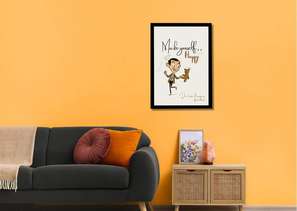 Make Yourself Happy Wall Art Frame | Positive Quote Artwork with Cartoon Man & Teddy | Self Happiness Motivational Poster | Ready to Hang Frame for Bedroom Living Room & Office Decor