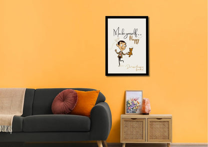 Make Yourself Happy Wall Art Frame | Positive Quote Artwork with Cartoon Man & Teddy | Self Happiness Motivational Poster | Ready to Hang Frame for Bedroom Living Room & Office Decor