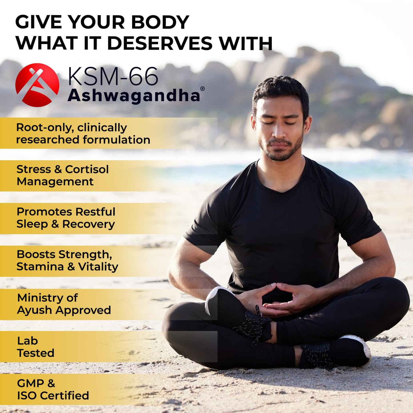 Man meditating on a beach with KSM-66 Ashwagandha product information overlay.