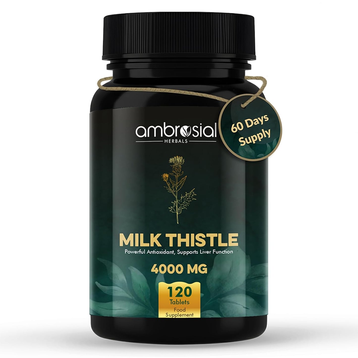 Black bottle of ambrosial Herbals Milk Thistle supplement on a white background