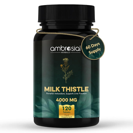 Black bottle of ambrosial Herbals Milk Thistle supplement on a white background