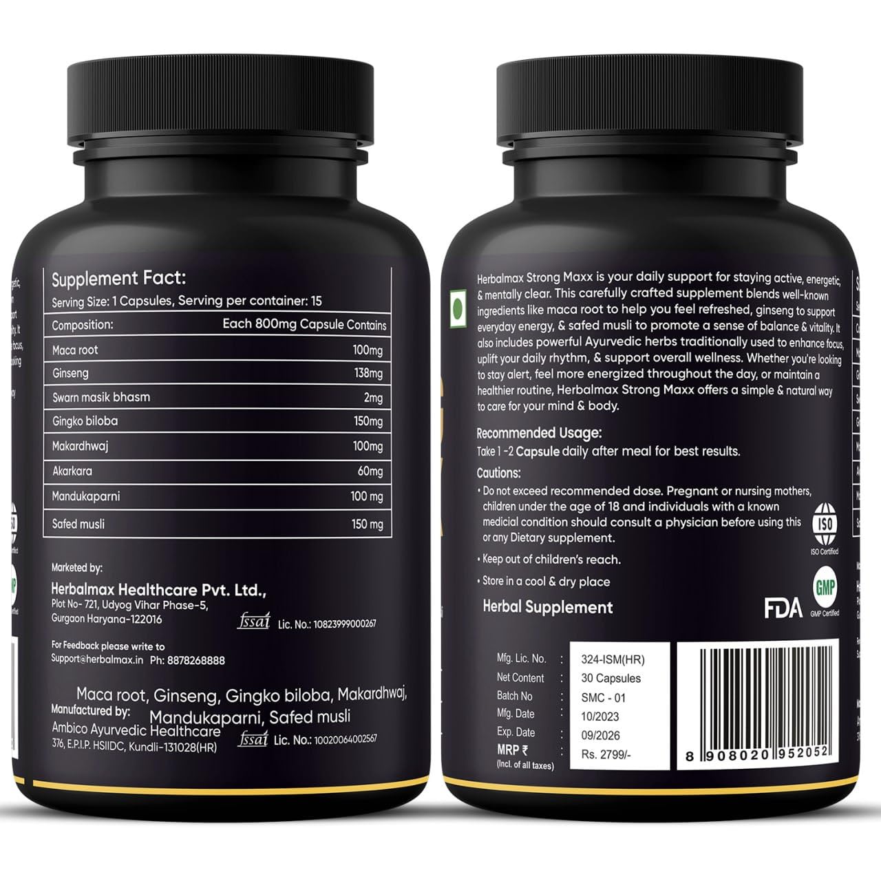 Herbal Max Strong Maxx Maca Root Capsules – 800 mg | 30 Vegetarian Capsules | Natural Energy & Vitality Booster | Ayurvedic Supplement for Men & Women