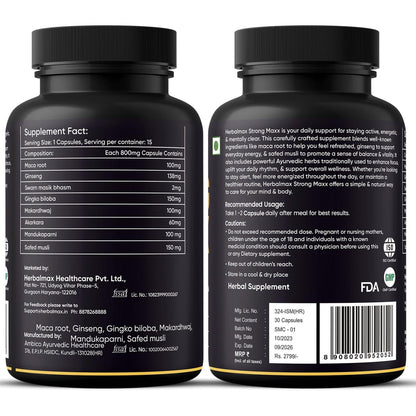 Herbal Max Strong Maxx Maca Root Capsules – 800 mg | 30 Vegetarian Capsules | Natural Energy & Vitality Booster | Ayurvedic Supplement for Men & Women
