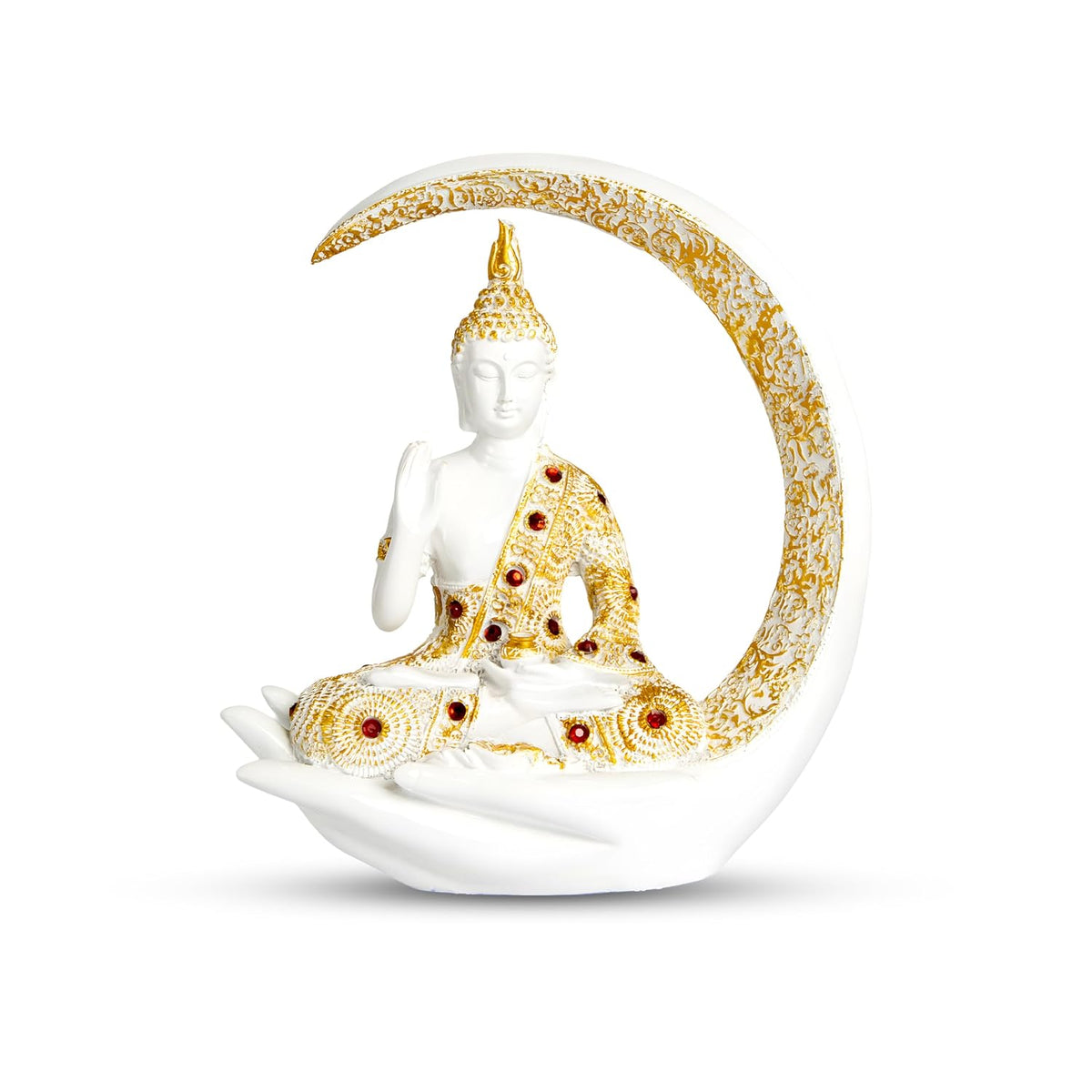 10 Inches 3D Resin Lucky White Crescent Moon Meditating Buddha Statue | Lord Gautam Buddha Idol for Home Decor, Living Room, Office & Gifting