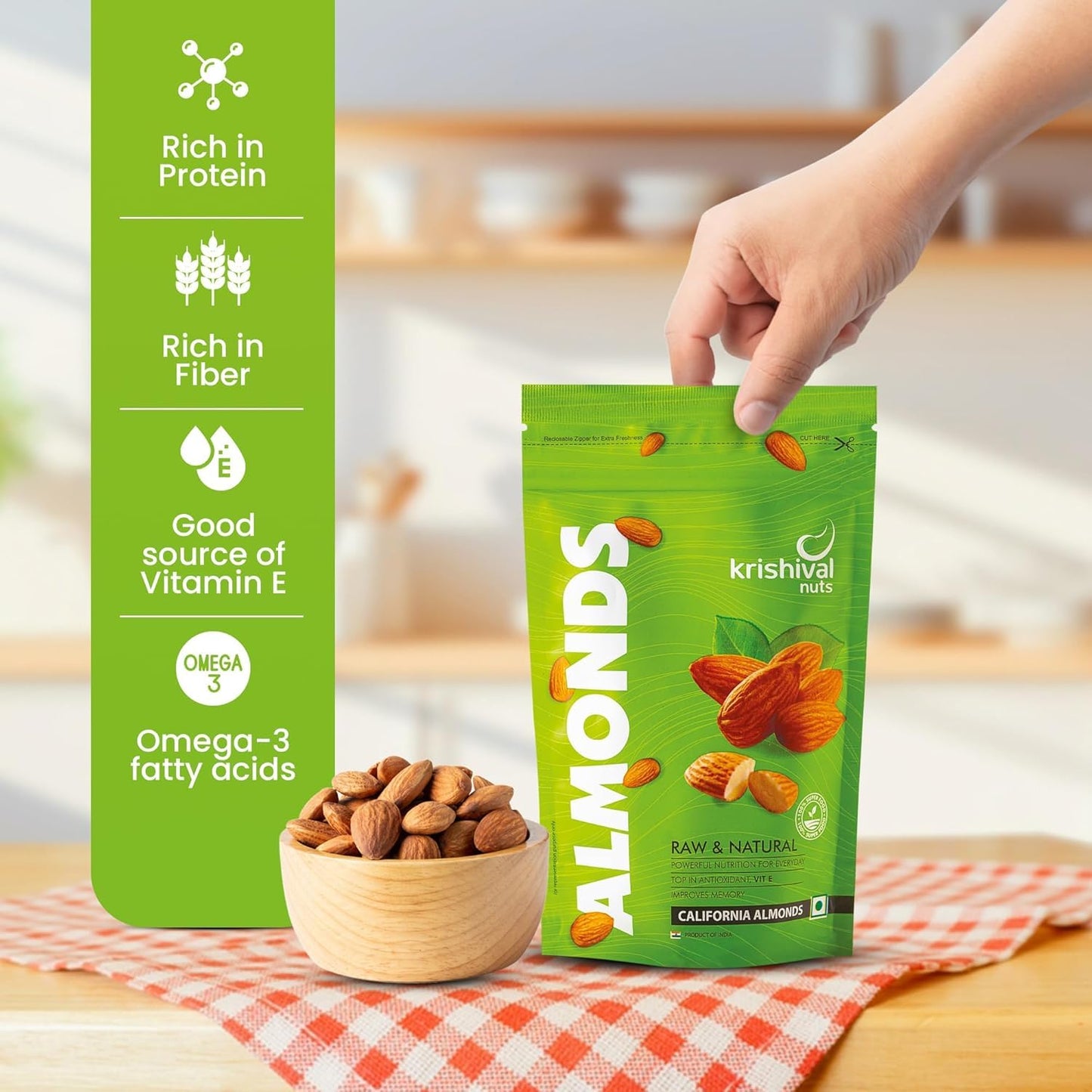 KRISHIVAL NUTS 100% Natural Premium California Almonds pack of 1 | Premium Roasted Badam | High in Fiber & Boost Immunity | Unflavoured | Gluten Free