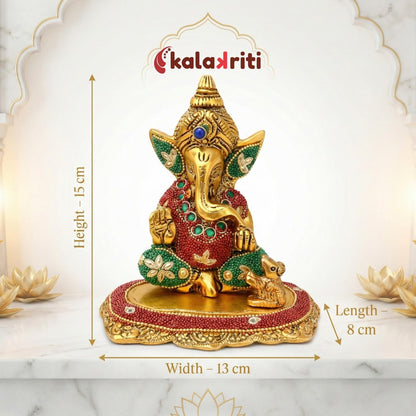 Kalakriti Metal Ganpati Idol with Mouse, 6 Inch Gold Finish Lord Ganesha Statue for Home Decor |Temple Office Hostel Desk, Hindu God Ganesh Vinayaka Decorative Showpiece for Living Room, Chua Ganesh