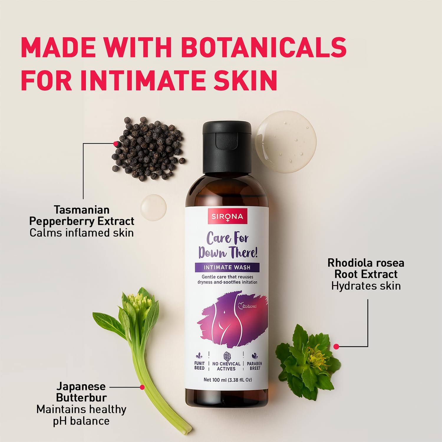 Sirona intimate wash bottle with botanical ingredients on a light background