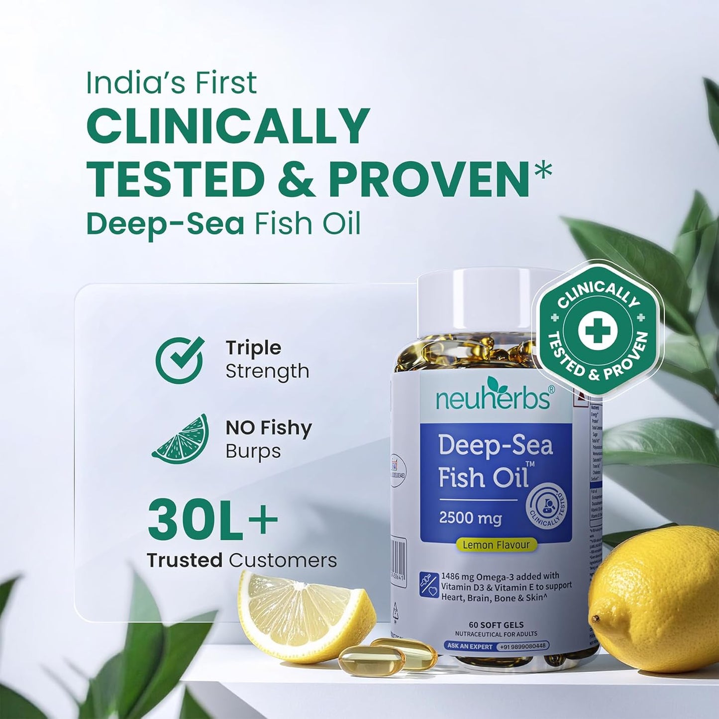 Neuherbs Deep Sea Omega 3 Fish Oil - Omega 3 Supplement Triple Strength 2500 Mg (Essential Fatty Acid Combination of 1486 mg 892 mg EPA 594 mg DHA/serving), Lemon Flavour- 60 Softgel