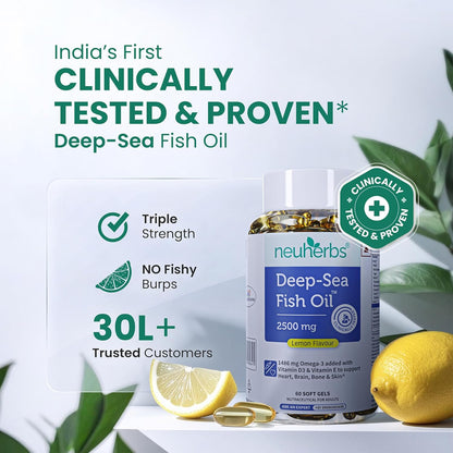 Neuherbs Deep Sea Omega 3 Fish Oil - Omega 3 Supplement Triple Strength 2500 Mg (Essential Fatty Acid Combination of 1486 mg 892 mg EPA 594 mg DHA/serving), Lemon Flavour- 60 Softgel