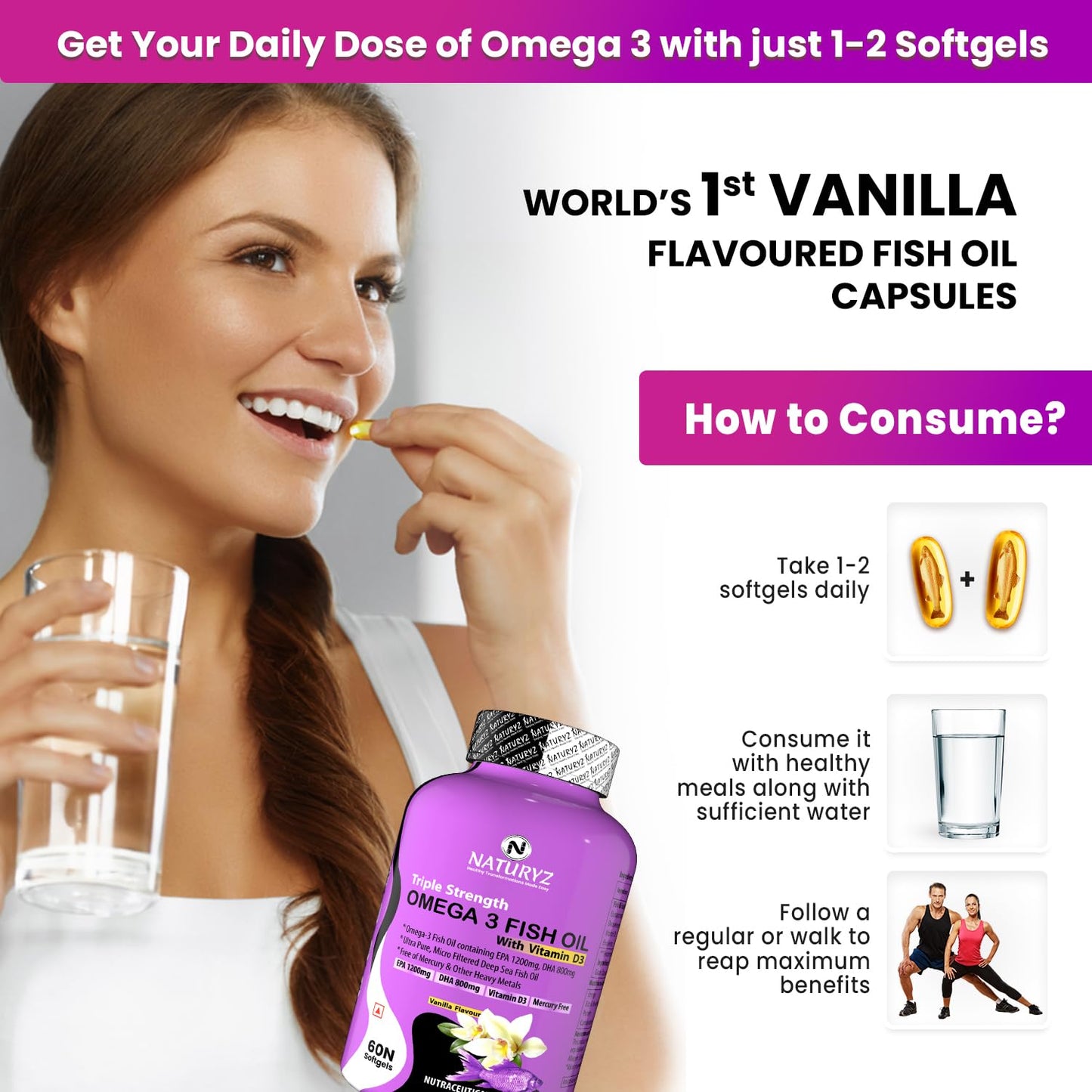 Advertisement for Vanilla Flavored Fish Oil Capsules with a woman taking a pill and a bottle of the product.