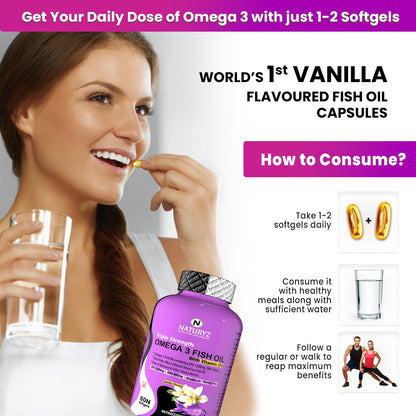 Advertisement for Vanilla Flavored Fish Oil Capsules with a woman taking a pill and a bottle of the product.