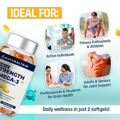 NATURALTEIN Omega 3 Fish Oil – 1000mg per Softgel | 60 Capsules | 180mg EPA & 120mg DHA | With Vitamin E | Premium Triglyceride Form | Supports Heart, Brain & Joint Health | Single Strength Formula