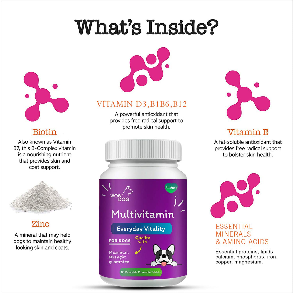 WOW DOG Multivitamin Tablet Dog Supplement 120 Pieces for Dogs with Essential Vitamins & Minerals for Healthy Skin, Heart, Brain Function | Chicken Flavour