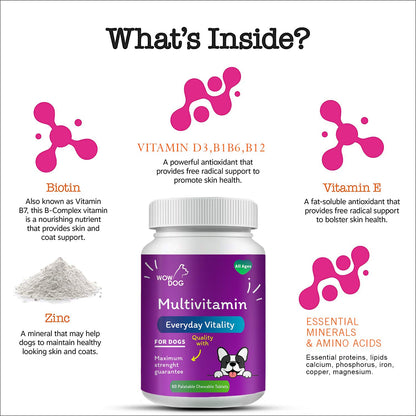 WOW DOG Multivitamin Tablet Dog Supplement 120 Pieces for Dogs with Essential Vitamins & Minerals for Healthy Skin, Heart, Brain Function | Chicken Flavour