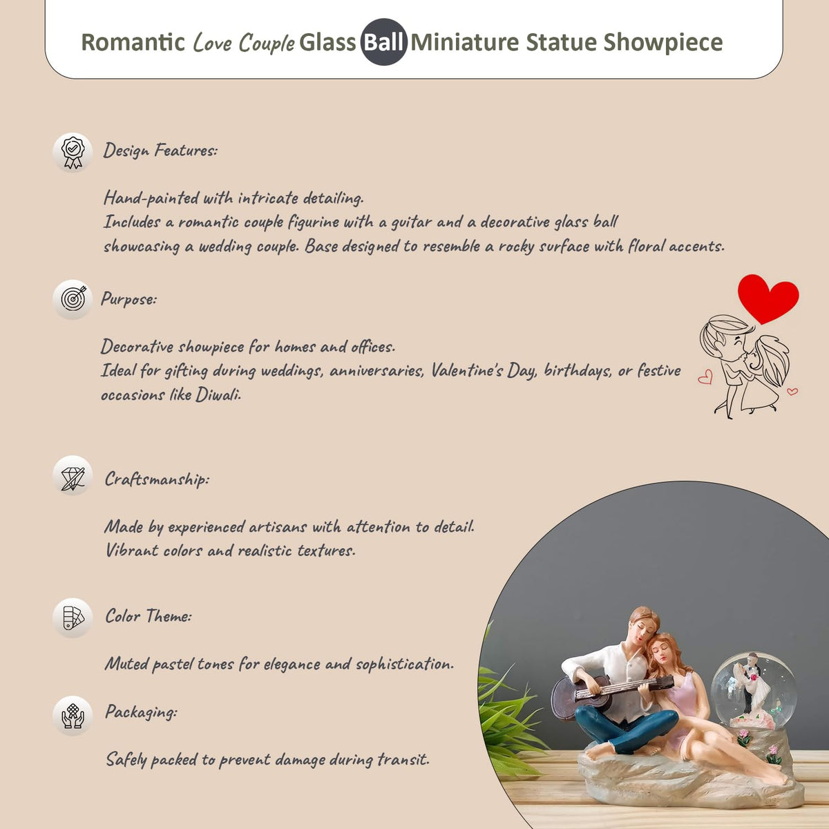 Romantic Love Couple Glass Ball Miniature Statue Showpiece for Gift Husband Wife Girlfriend Boyfriend Girls Boys- Home Decor Items -Decorative Showpieces Gift Items for Home Living Room