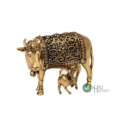 Handcrafted Brass Cow with Calf for Good Luck | 2" Kamdhenu Gau MATA Idol Spiritual Vastu Nandi Pooja Figurine Sculpture for Home and Office (Weight- 70gm)