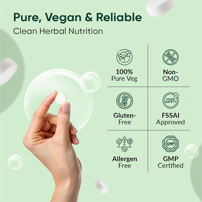 Hand holding a capsule with certification icons on a green background, emphasizing purity, veganism, reliability, and safety.