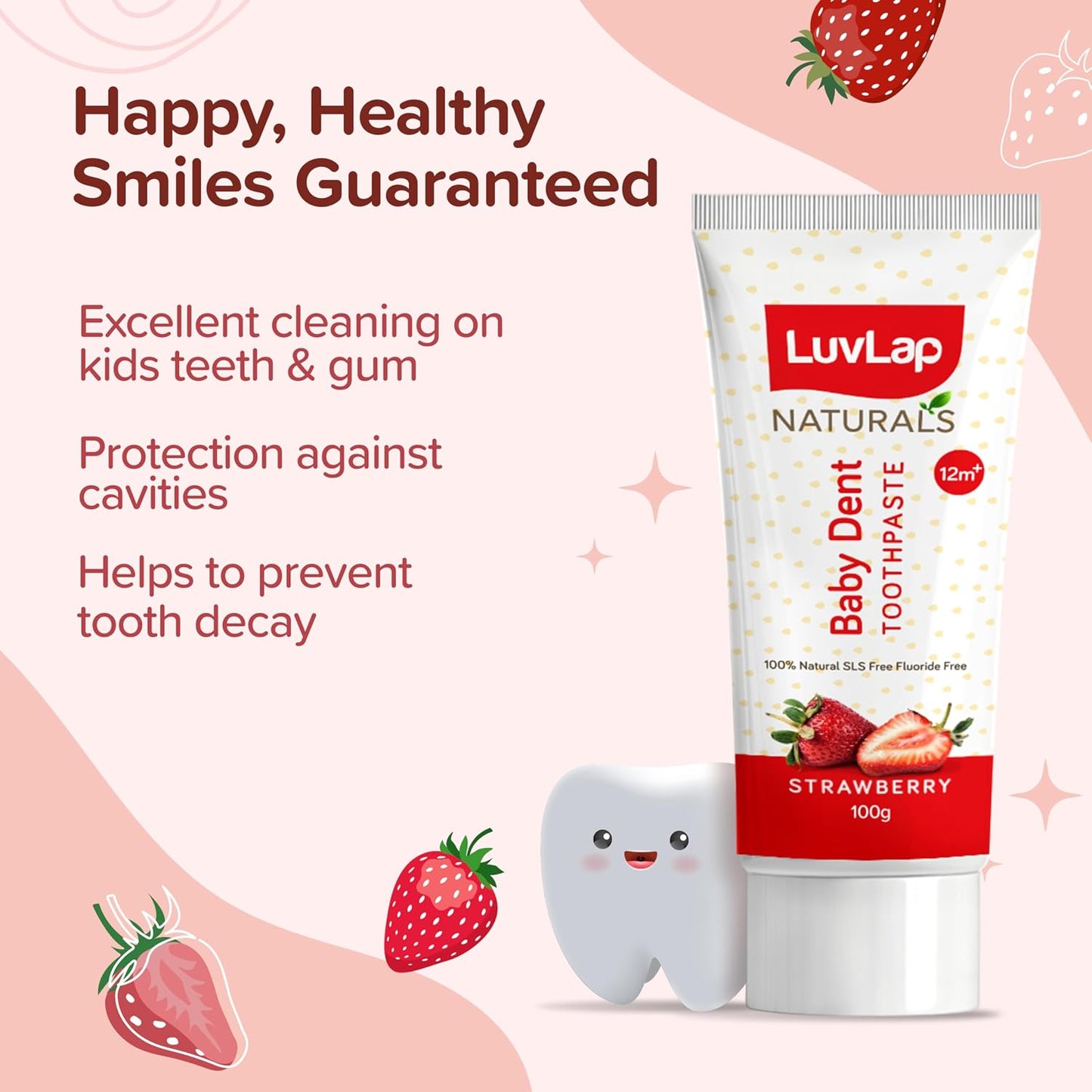 LuvLap Naturals Baby Dent 100% Natural Toothpaste for Kids, Strawberry Flavour, SLS &Fluoride Free, Removes Plaque, Prevents Bacterial Growth, Ensures Shiny White Teeth, Neutral pH,12M+, 100g