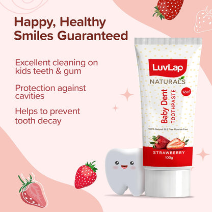 LuvLap Naturals Baby Dent 100% Natural Toothpaste for Kids, Strawberry Flavour, SLS &Fluoride Free, Removes Plaque, Prevents Bacterial Growth, Ensures Shiny White Teeth, Neutral pH,12M+, 100g