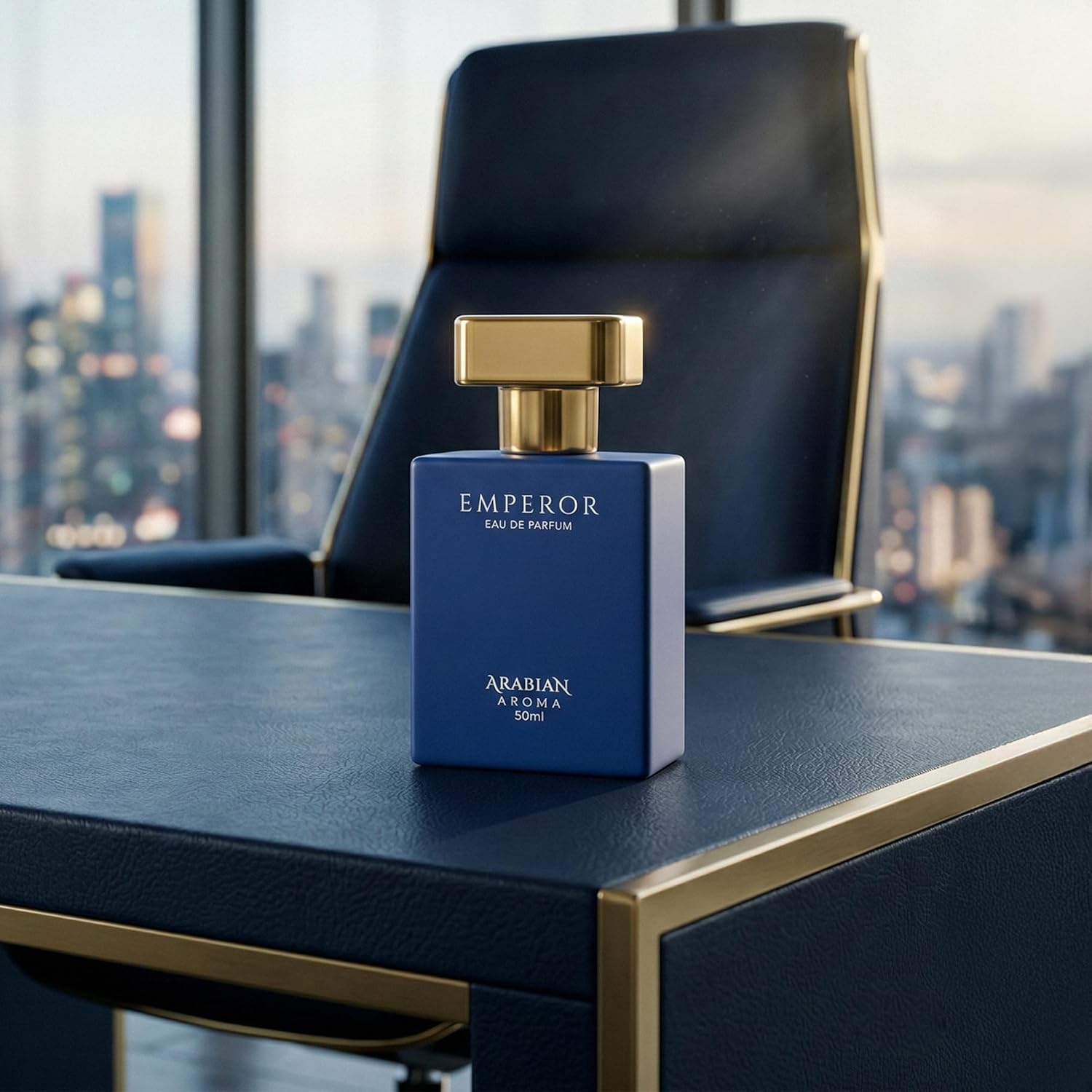 Blue and gold perfume bottle labeled 'Emperor' by Arabian on a desk with a cityscape background